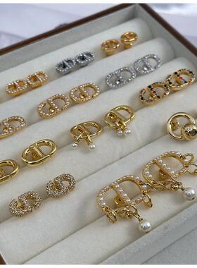 新款爆款cd字母耳钉女轻奢高级感珍珠耳环简约ins潮气质镶钻耳饰