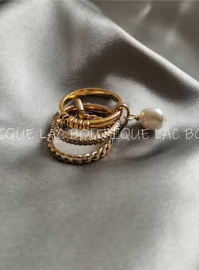 经典D叠戴三圈珍珠戒指复古做旧黄铜镀金指环镶钻百搭个性食指戒