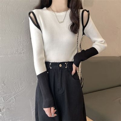 小众针织衫女装秋冬内搭拼色打底衫新款毛衣露肩长袖短款上衣服