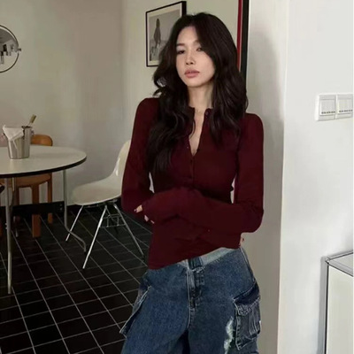 美式辣妹修身显瘦正肩长袖t恤女秋冬打底衫收腰设计感小众上衣ins