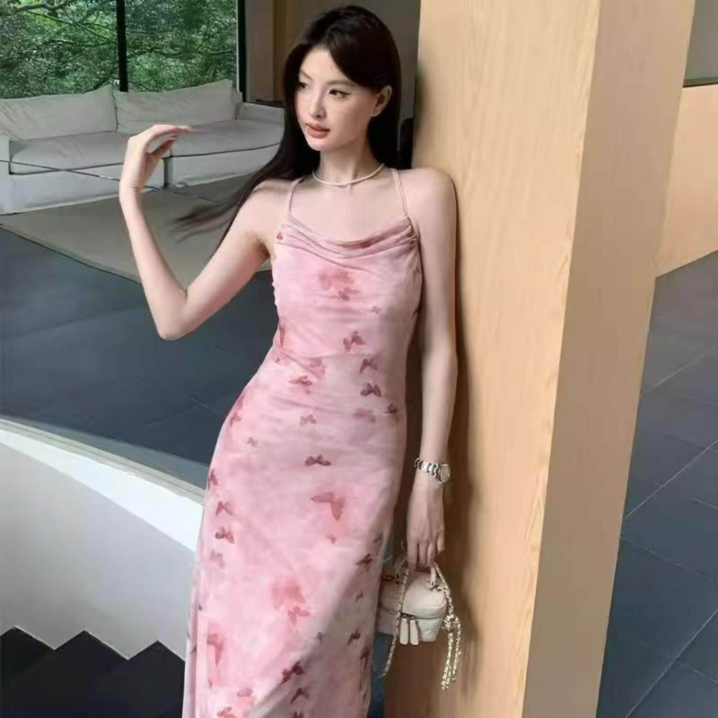 夏季法式纯欲风粉色碎花吊带露背