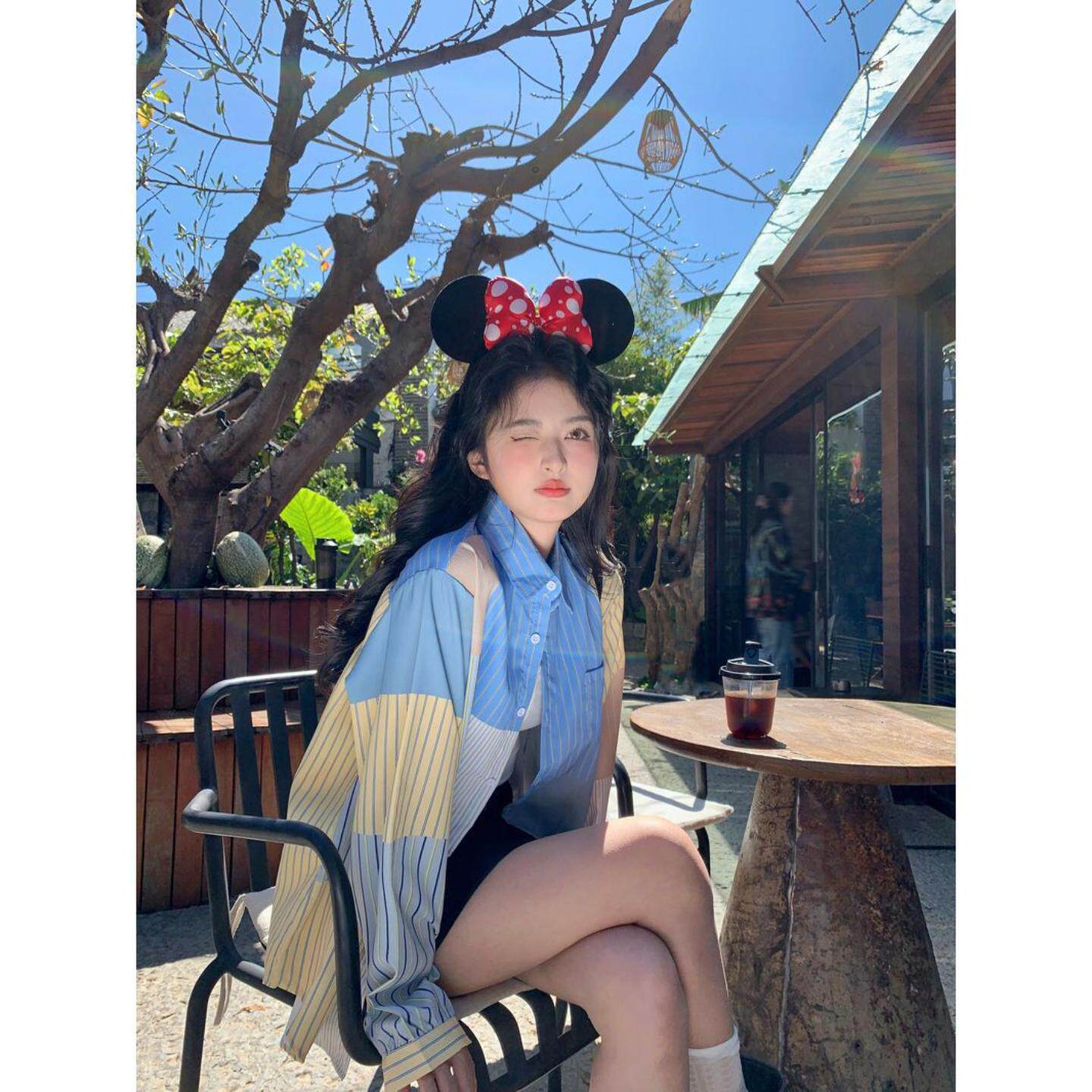 韩系条纹拼接长袖衬衫女春秋休闲
