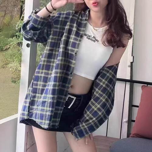 慵懒复古格子衬衫女春夏韩版宽松