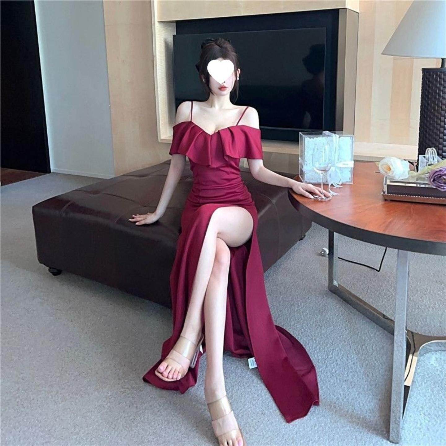 时尚小众轻奢一字肩晚礼服女新款高级感性感宴会修身显瘦长裙短袖
