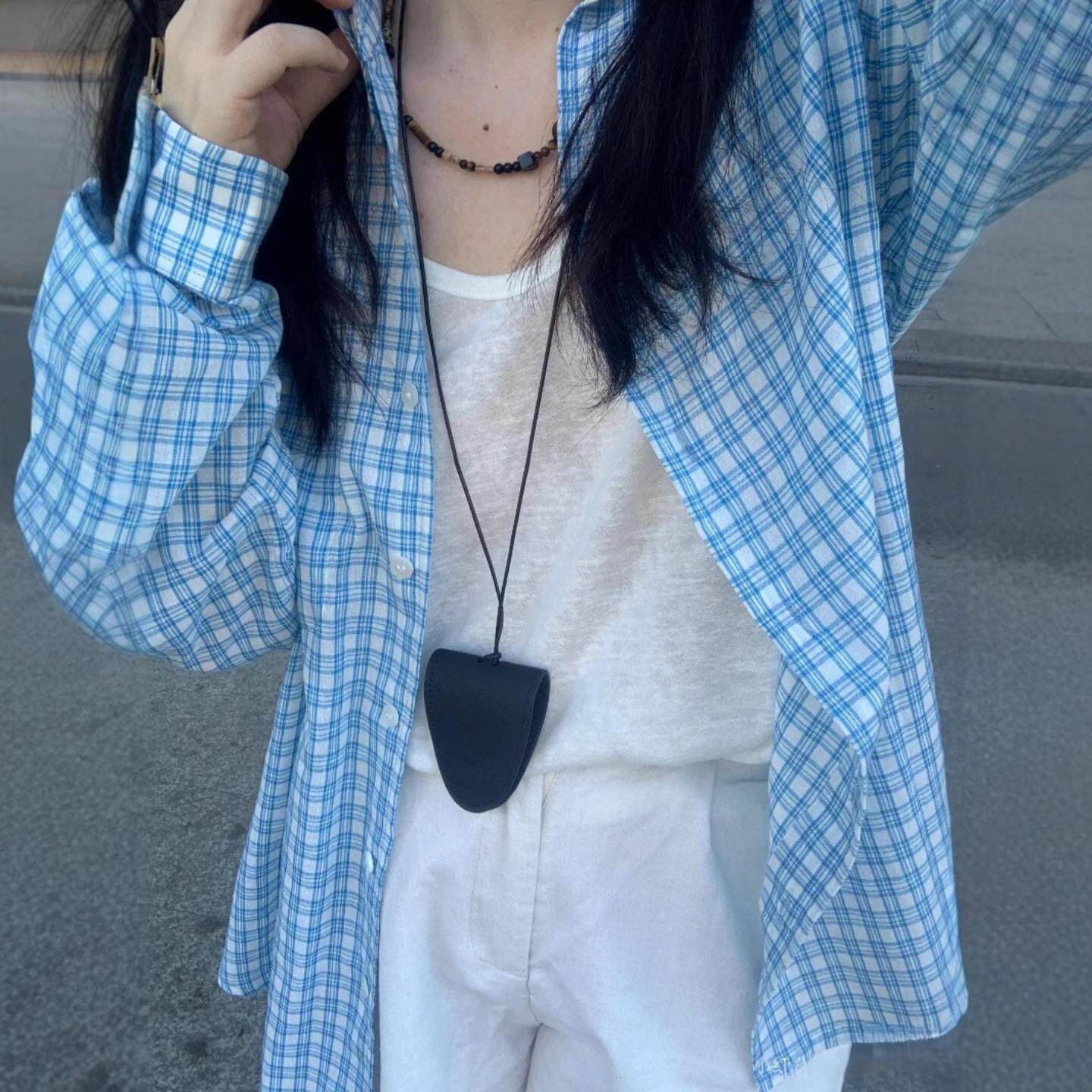蓝色格子防晒长袖衬衫女新款夏季薄款宽松韩版慵懒风衬衣外套涤纶