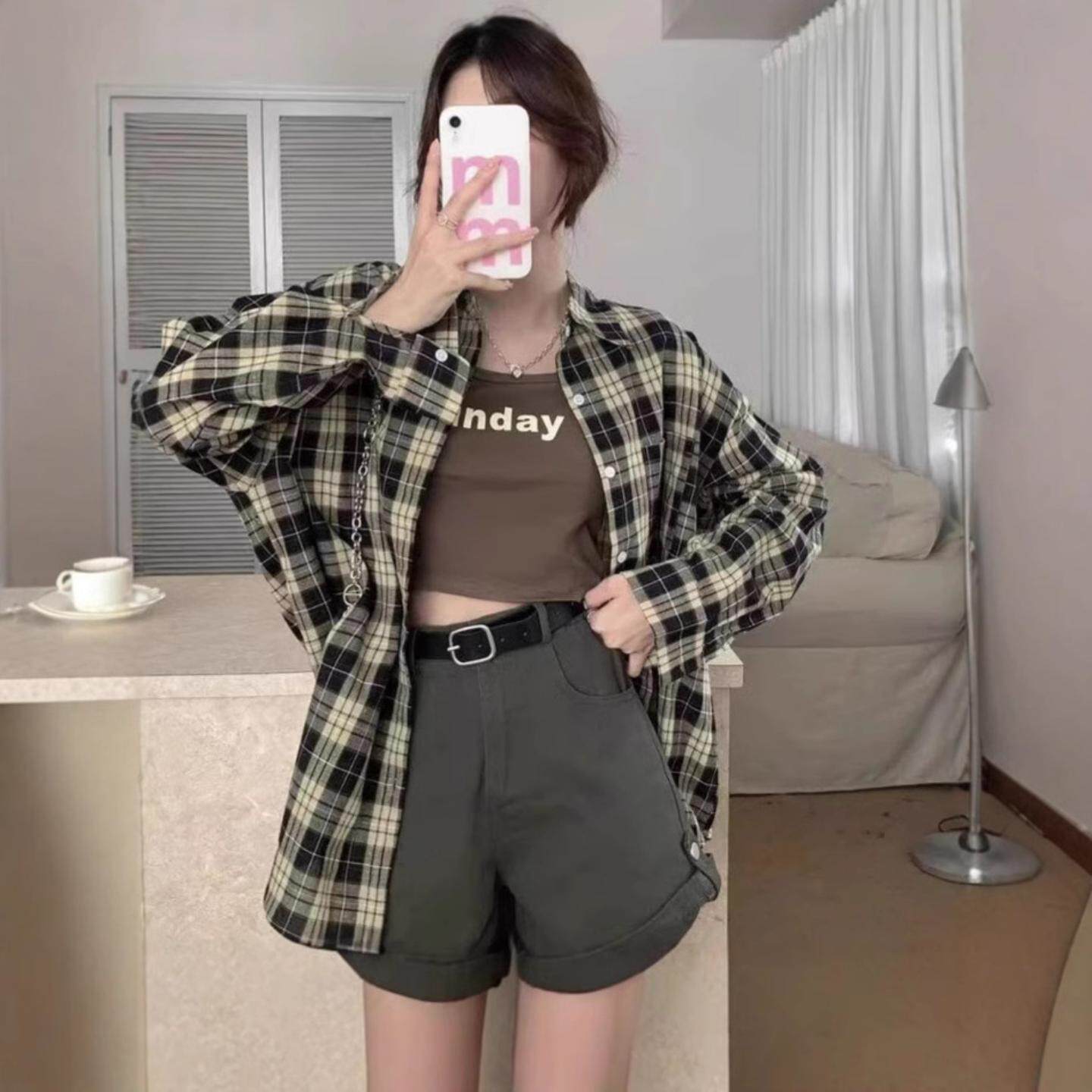 复古格子衬衫外套女春夏韩版宽松