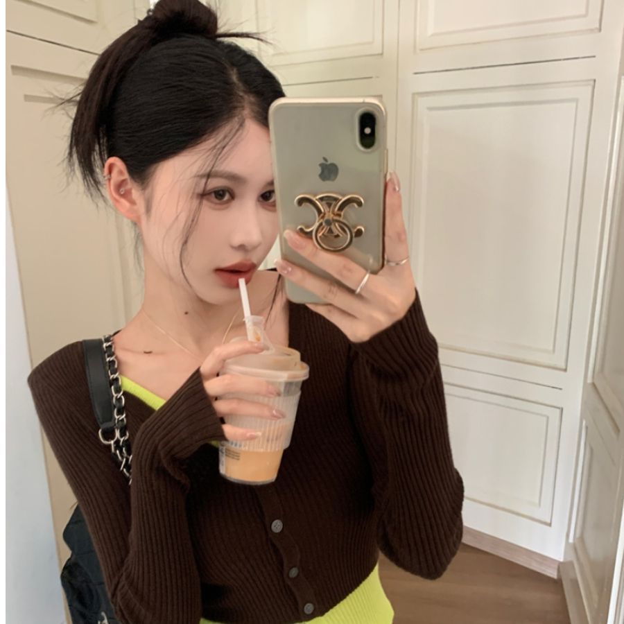 春秋V领修身显瘦长袖T恤设计感假两件流行性感纯欲风辣妹上衣ins