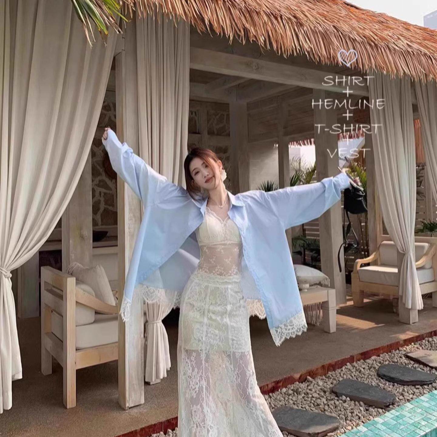 蕾丝拼接polo领衬衫外套女春秋长袖宽松防晒衬衣蓝色气质开衫上衣