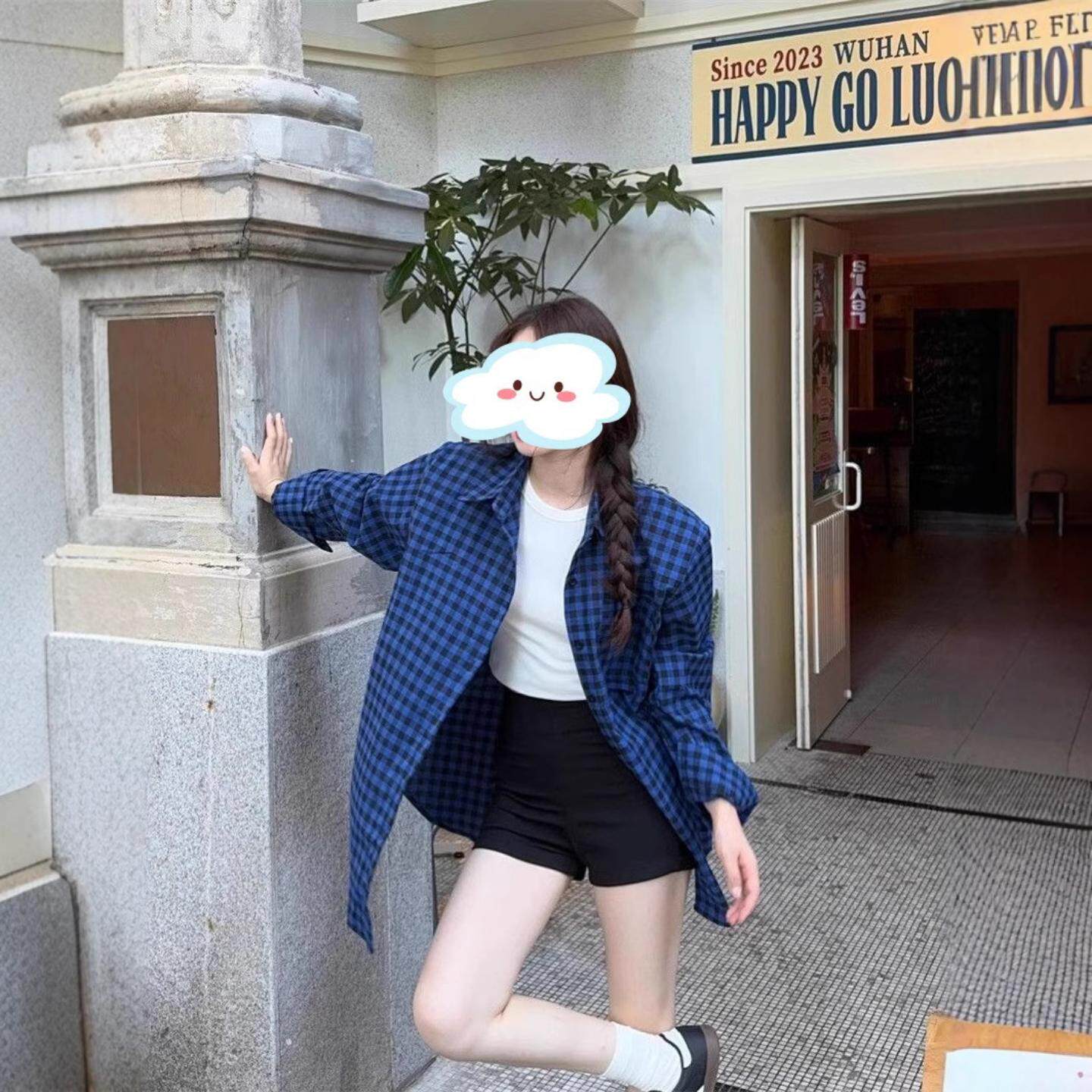 深蓝格子衬衫女装春款韩系宽松休闲复古衬衣长袖防晒上衣外套
