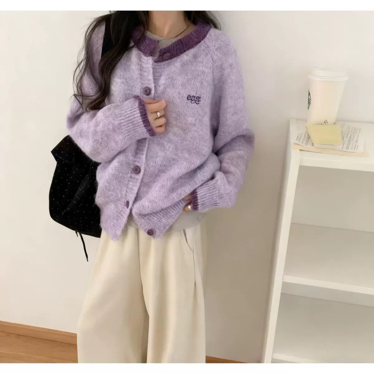 egg韩版软糯羊驼绒彩色拼接针织开衫女外搭圆领长袖开衫毛衣