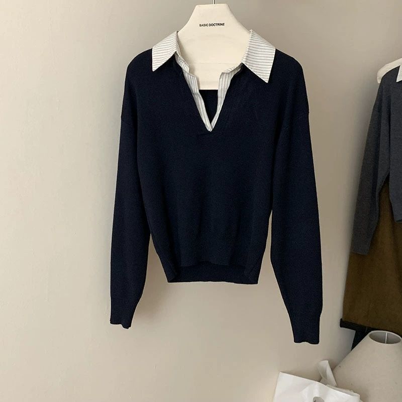 超好看单穿格子衬衫领假两件打底针织衫女内搭秋冬可外穿短款毛衣