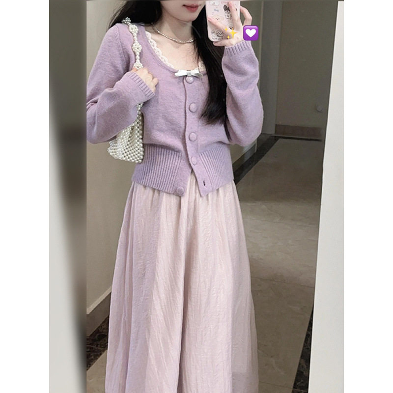 香芋紫圆领针织开衫女2025秋季新款韩系穿搭花边领毛衣小个子外搭