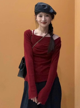 性感辣妹红色假两件一字肩针织T恤女春秋修身显瘦设计感百搭上衣