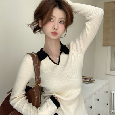 小众撞色POLO领长袖针织T恤秋季修身显瘦打底衫内搭ins辣妹上衣女
