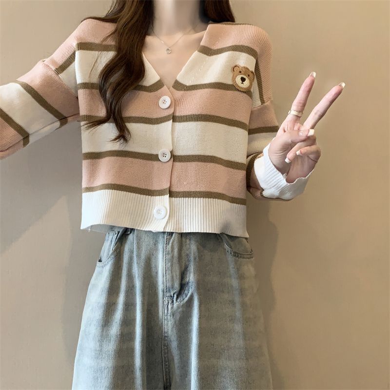毛衣撞色长袖条纹针织衫简约开衫新款慵懒宽松显瘦外套短款上衣