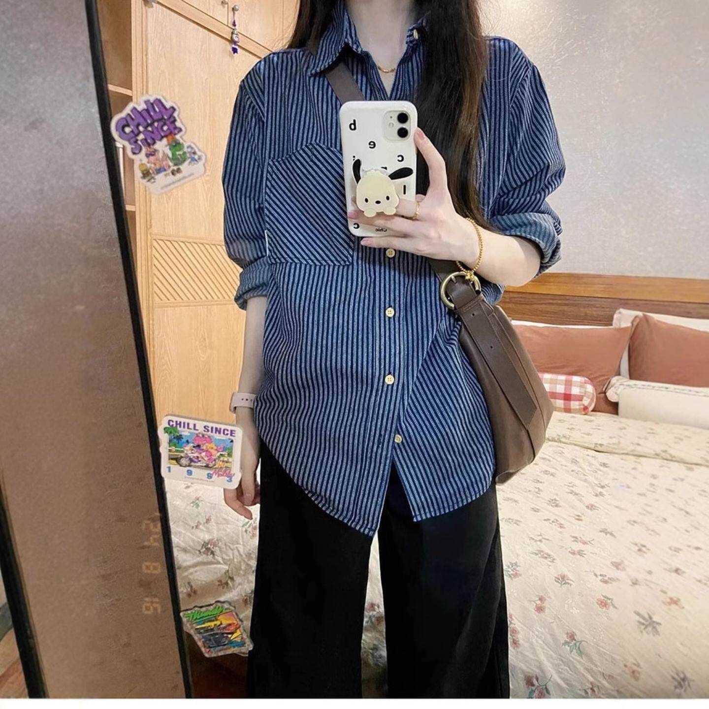 复古条纹长袖女衬衫春款日系休闲