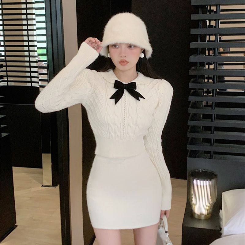 学院风蝴蝶结减龄针织连衣裙女春秋新款包臀毛衣短裙子套装两件套,女装/女士精品,休闲运动套装,淘宝优惠券,粉丝福利购,淘宝优惠卷