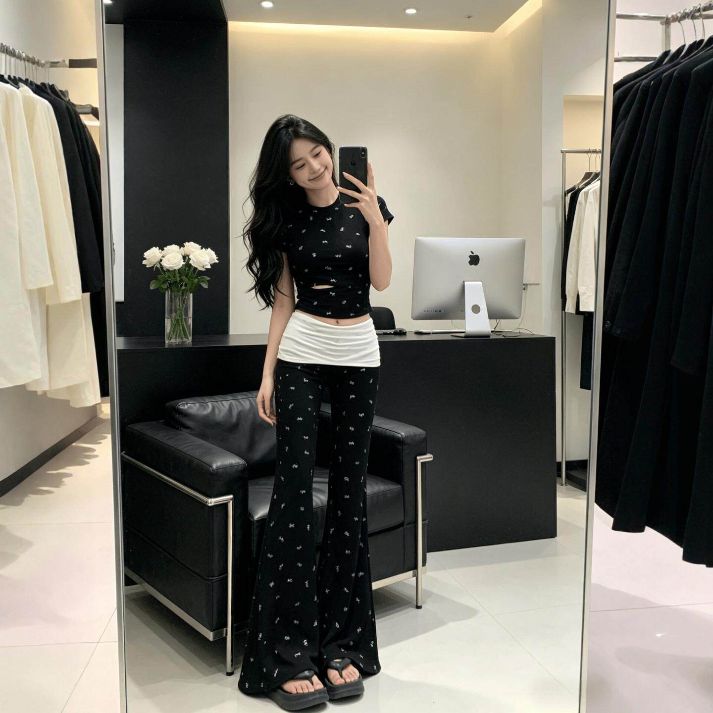 高腰微喇休闲女新款韩系显瘦两件套瑜伽运动性感御姐波点时尚百搭