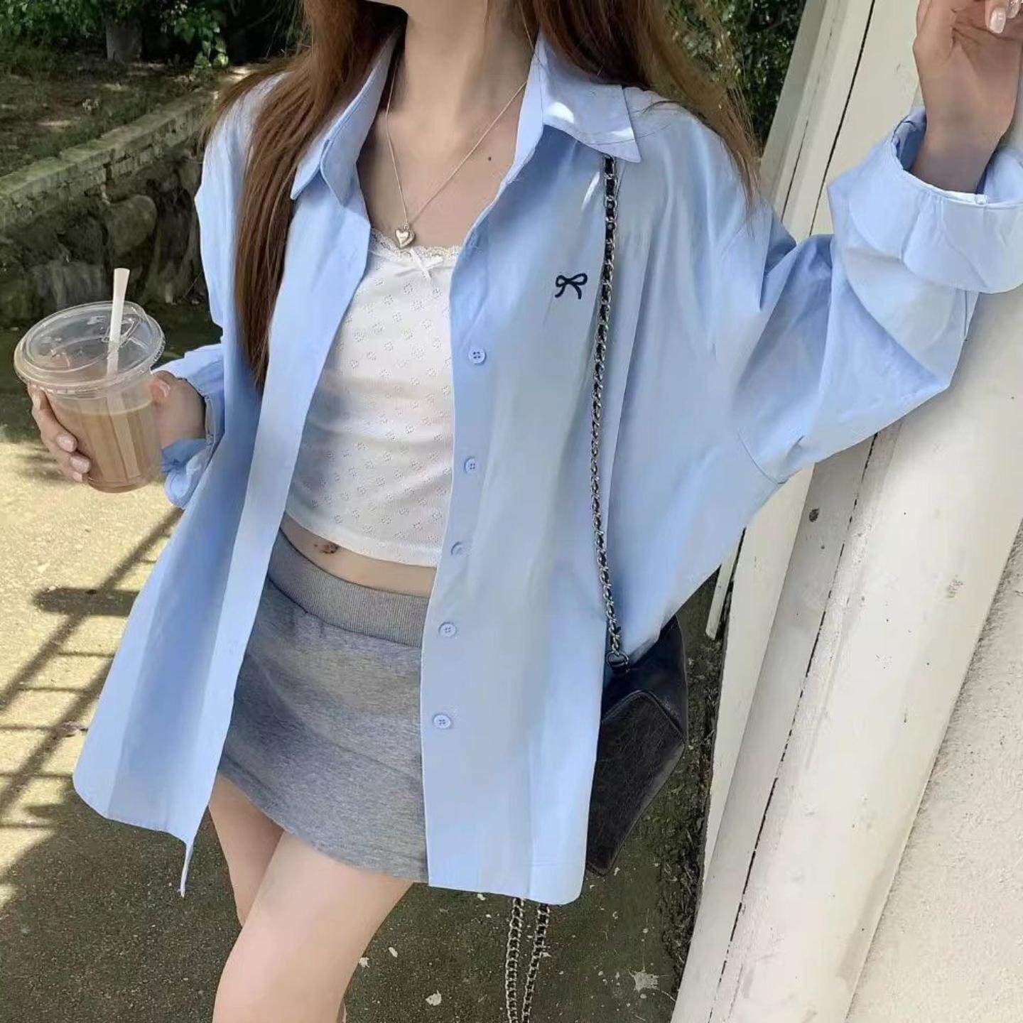 刺绣蓝色衬衫夏季韩版春秋新款宽松百搭中长款长袖上衣外套休闲风