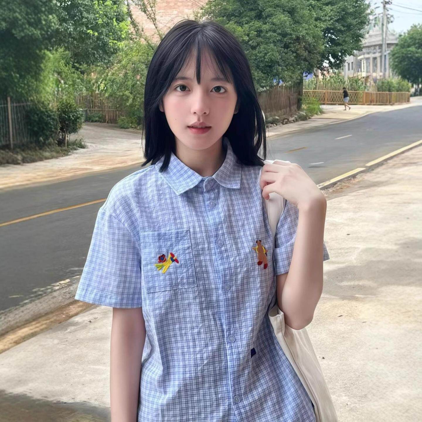 学院风日系蓝色格子短袖衬衫女