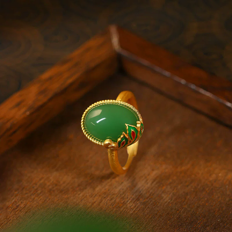 新中式古法金真金电镀镶祖母绿仿玉石兰花蛋面戒指国潮古风首饰