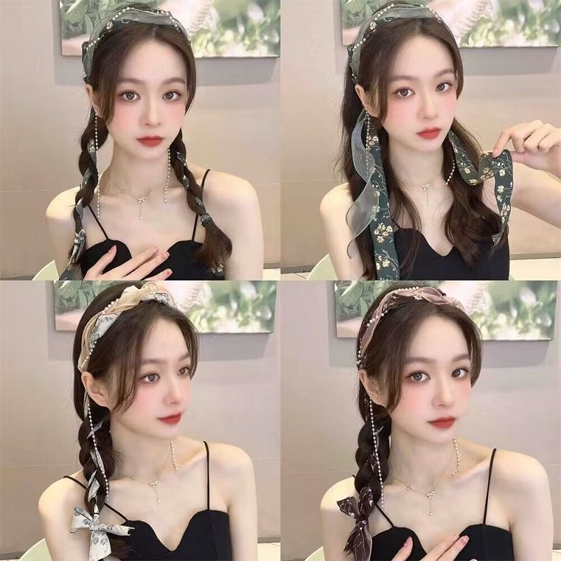 法式气质流苏珠珠欧根纱碎花编发发箍新款带齿防滑飘带一体式头箍