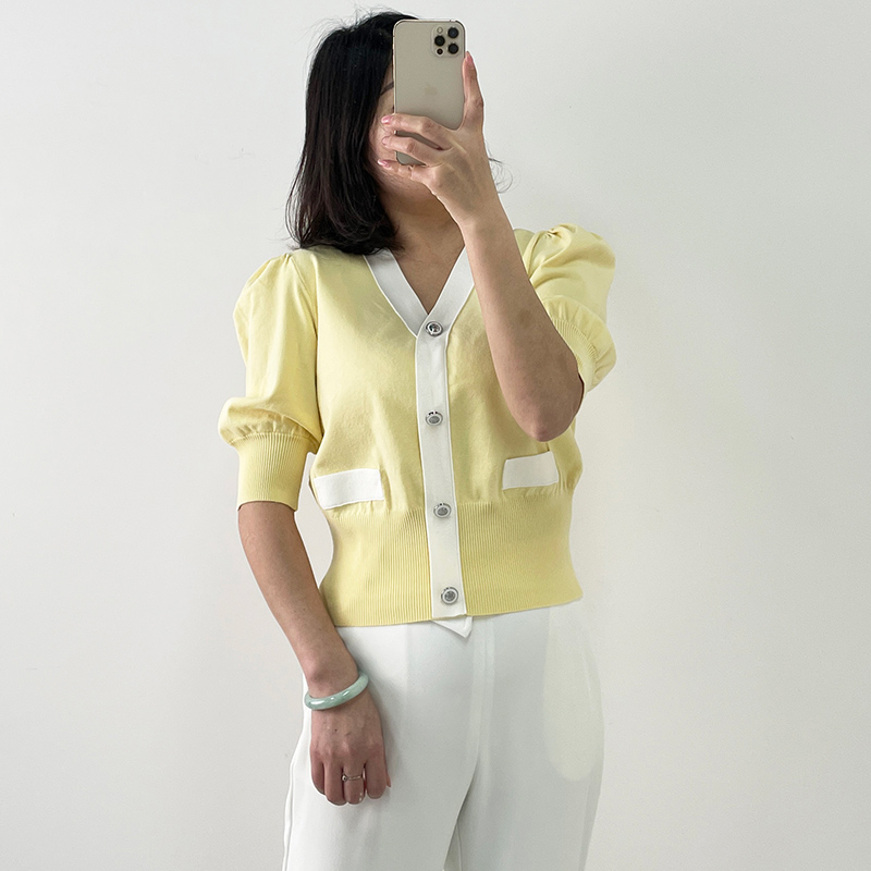 短袖针织衫女设计感小众2022夏款正品短款薄款慵懒风黄色开衫外套