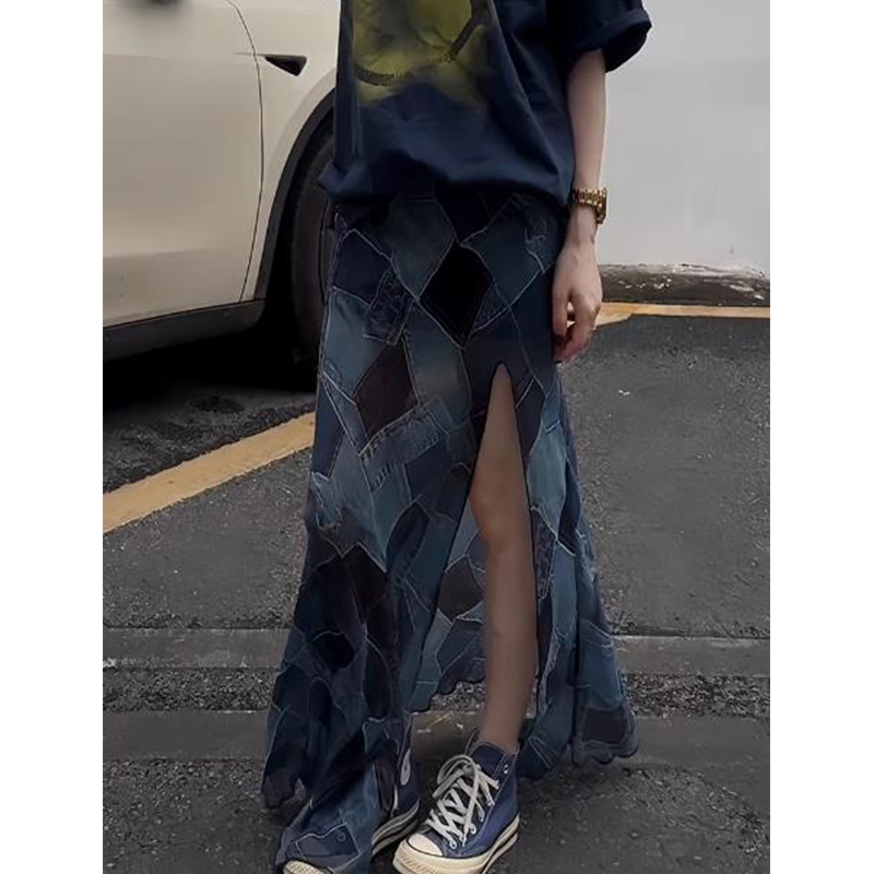 法式开叉印花雪纺半身裙子女夏天复古设计感高腰显瘦高级气质长裙