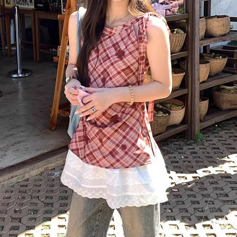 纯欲蕾丝拼接格子背心连衣裙女夏新款设计感小众叠穿显瘦无袖上衣