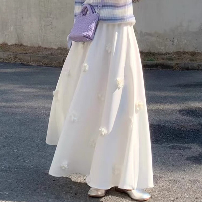 甜美玫瑰立体花朵A字小白裙夏装松紧腰显瘦垂感大摆半身裙女2025,女装/女士精品,半身裙,淘宝优惠券,粉丝福利购,淘宝优惠卷