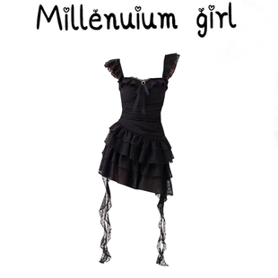 【黑栩炽影】少女氛围感不规则连衣裙女夏季海边收腰显瘦长裙子