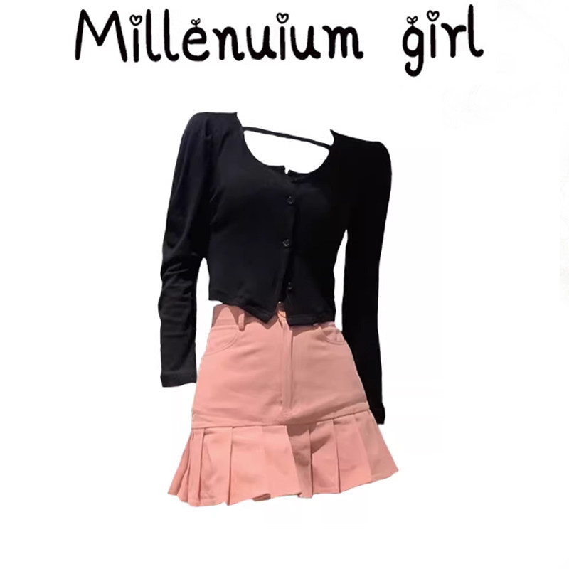 纯欲风时尚套装女春秋2025新款长袖开衫百褶半身裙小个子两件套潮