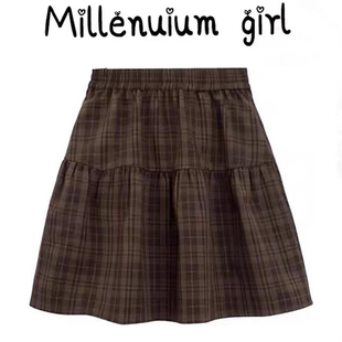 美拉德棕色格子高腰显瘦半身裙女2025冬季洋气减龄松紧腰短裙子女