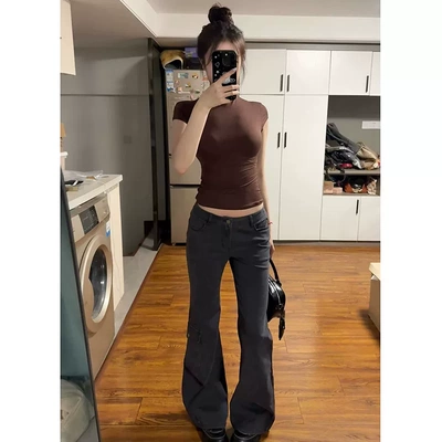 烟灰工装低腰微喇显瘦牛仔裤女