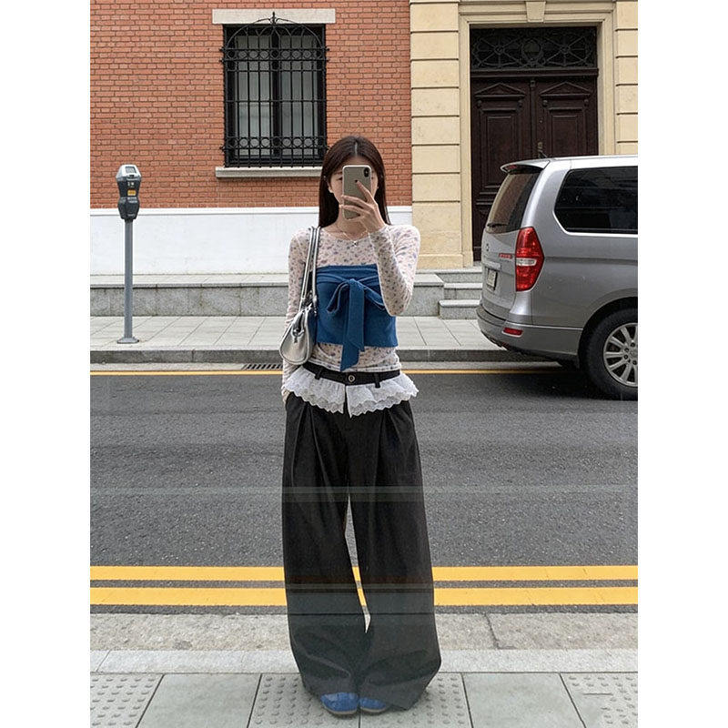 蕾丝花边灰色西裤休闲裤女夏季宽松垂感小个子直筒阔腿裤子