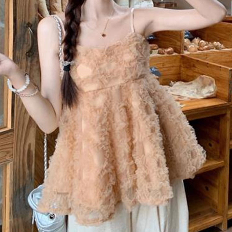 韩系甜美粉色吊带背心女夏装网纱拼接宽松无袖外穿温柔风百搭上衣