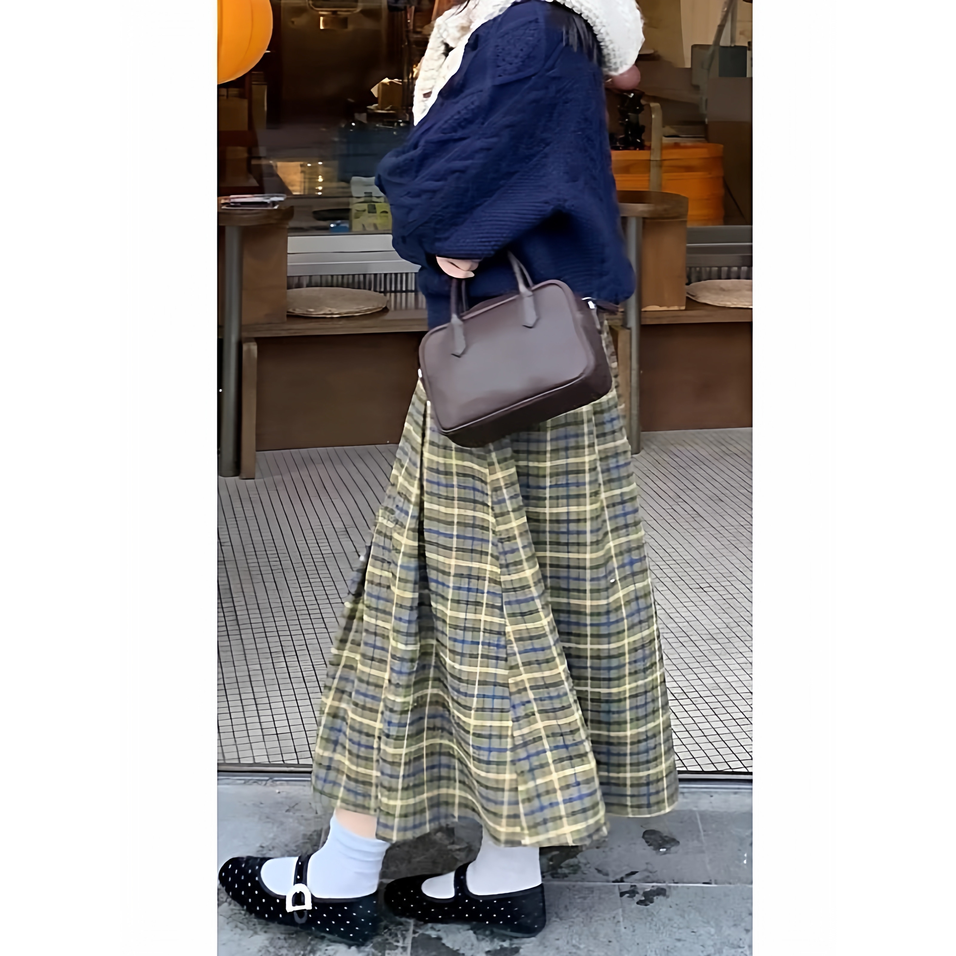 绿卡其色半身裙S码复古格子