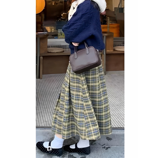 绿卡其格纹毛呢百褶裙女秋冬学院风复古格子半身裙中长款a字伞裙