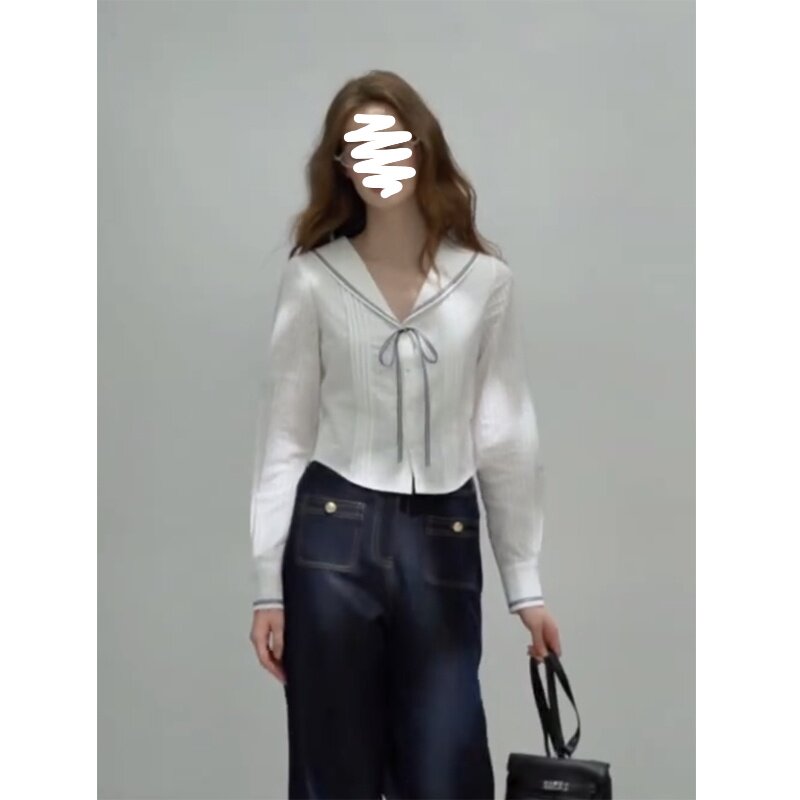 秋季白色衬衫女海军领简约上衣