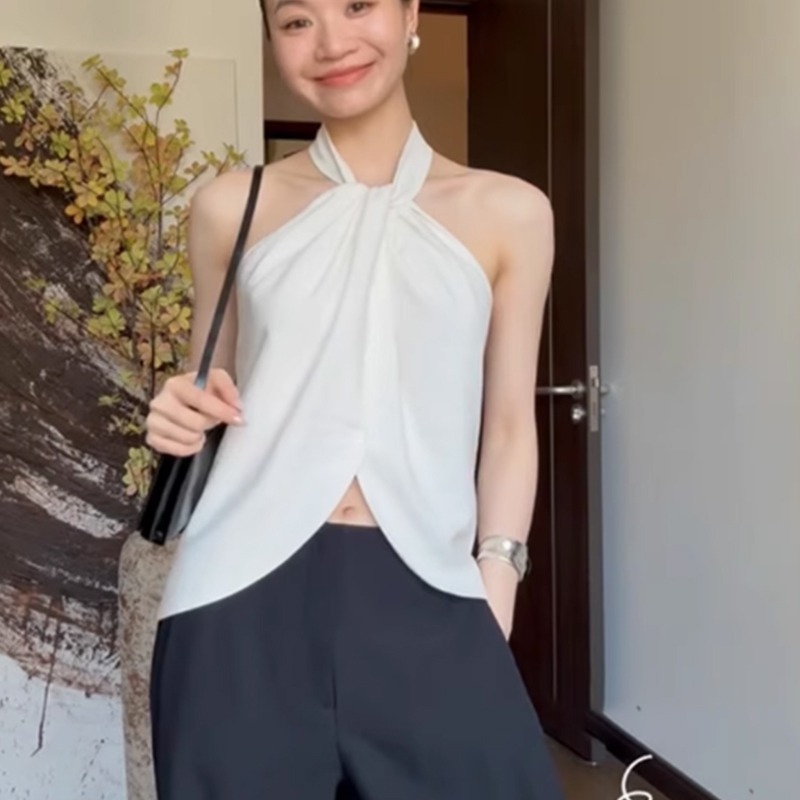 挂脖扭结白色背心吊带女夏装设计感小众百搭修身辣妹性感露背上衣