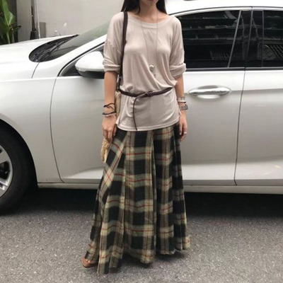 复古浅棕色格纹格子半身裙长裙