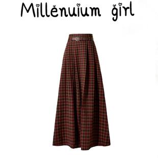 美式红色格子半身裙女秋冬大码胖mm复古高腰显瘦百搭A字长款裙子