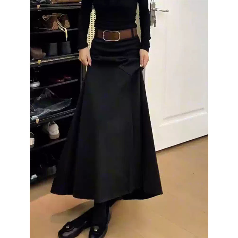 黑色高腰半身裙A字长裙显瘦大摆