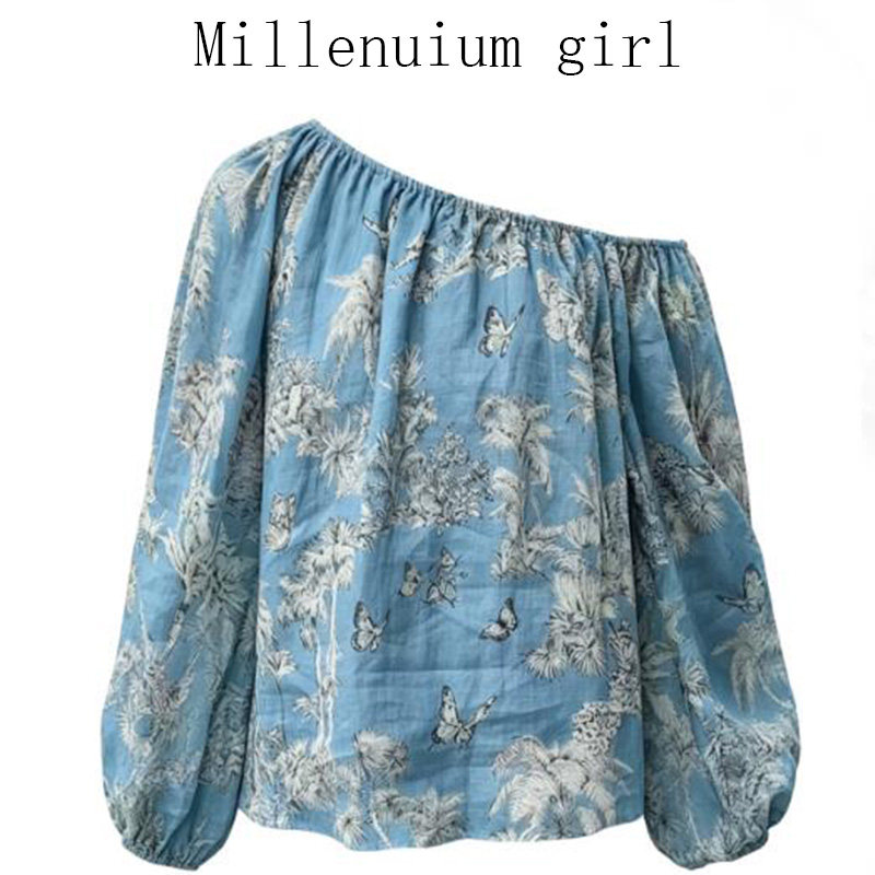 夏季薄款露肩一字领印花女衬衫