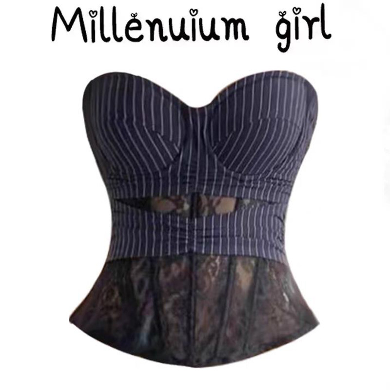 蓝色蕾丝拼接吊带抹胸女夏季修身内搭设计感辣妹性感打底吊带上衣