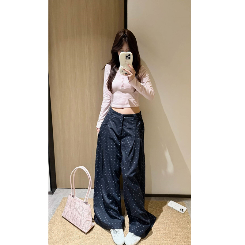 藏青色慵懒松弛感松紧腰波点休闲裤女夏季高腰宽松直筒阔腿长裤子