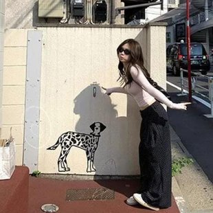 韩系小众设计黑色波点休闲阔腿裤女秋季宽松bf慵懒风小个子长裤子