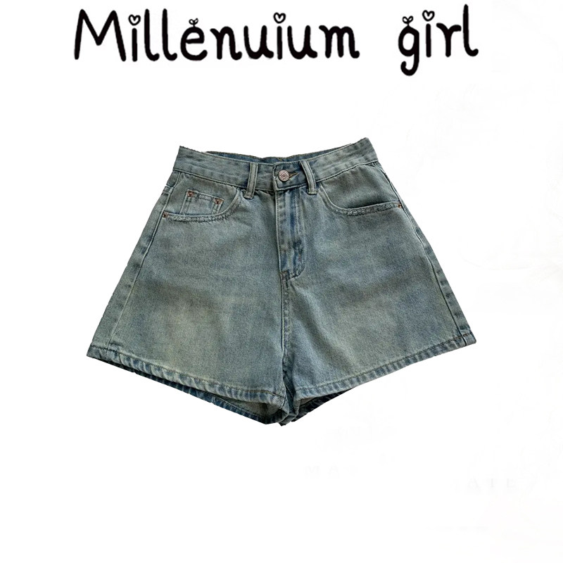 浅蓝色复古a字牛仔短裤女夏2025新款设计感小个子高腰显瘦热裤子