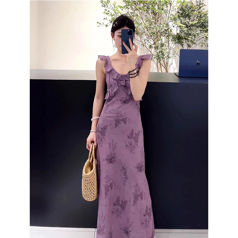 紫色荷叶边碎花吊带连衣裙女2025夏季新款v领度假风绝美无袖长裙