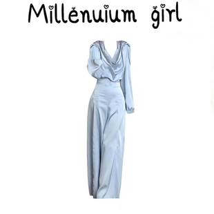 法式时尚高级感装套装2025年秋季小众设计感蓝色裤裙上衣两件套女